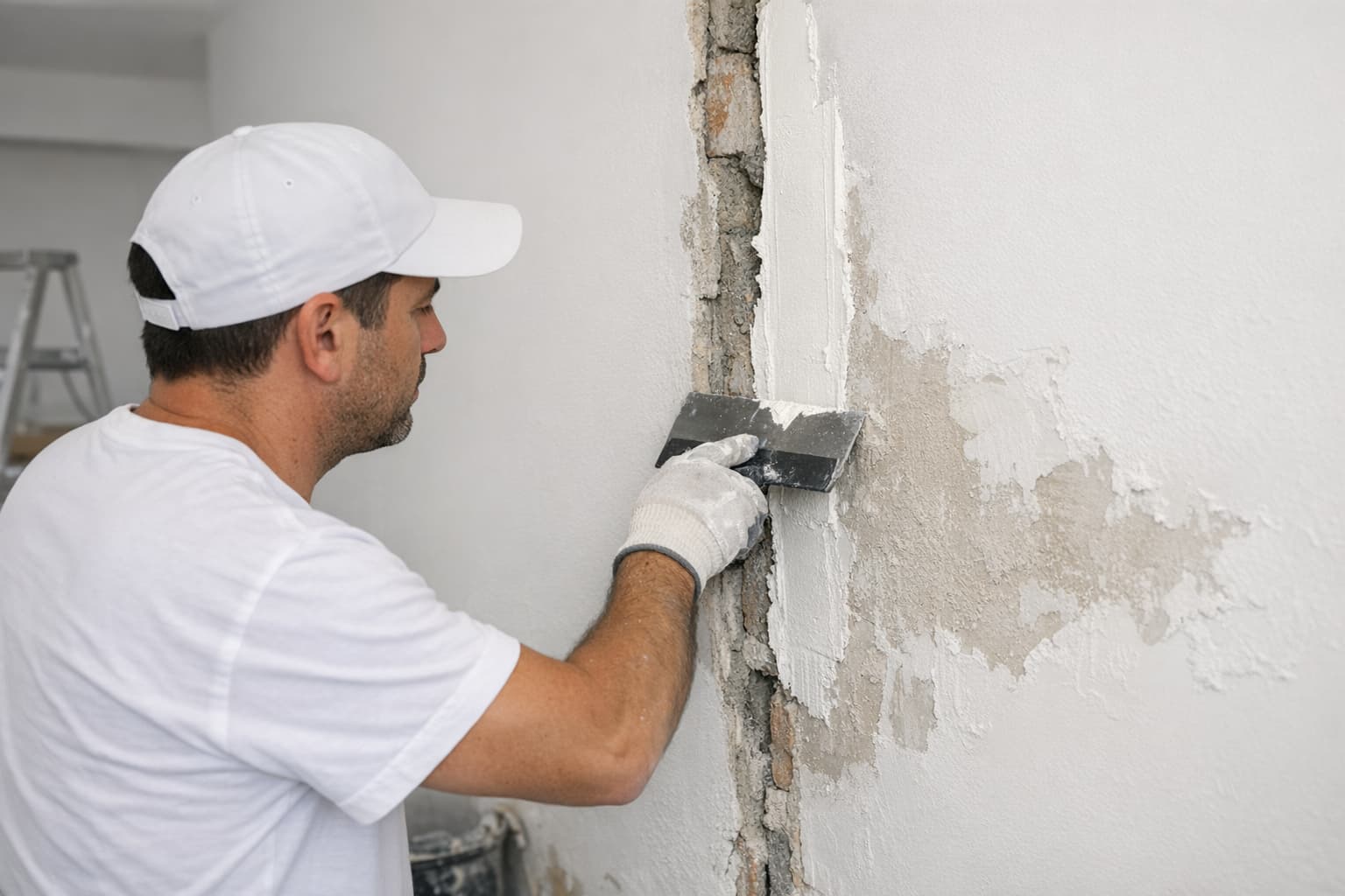 Trabajo de albañilería en pared interior de vivienda