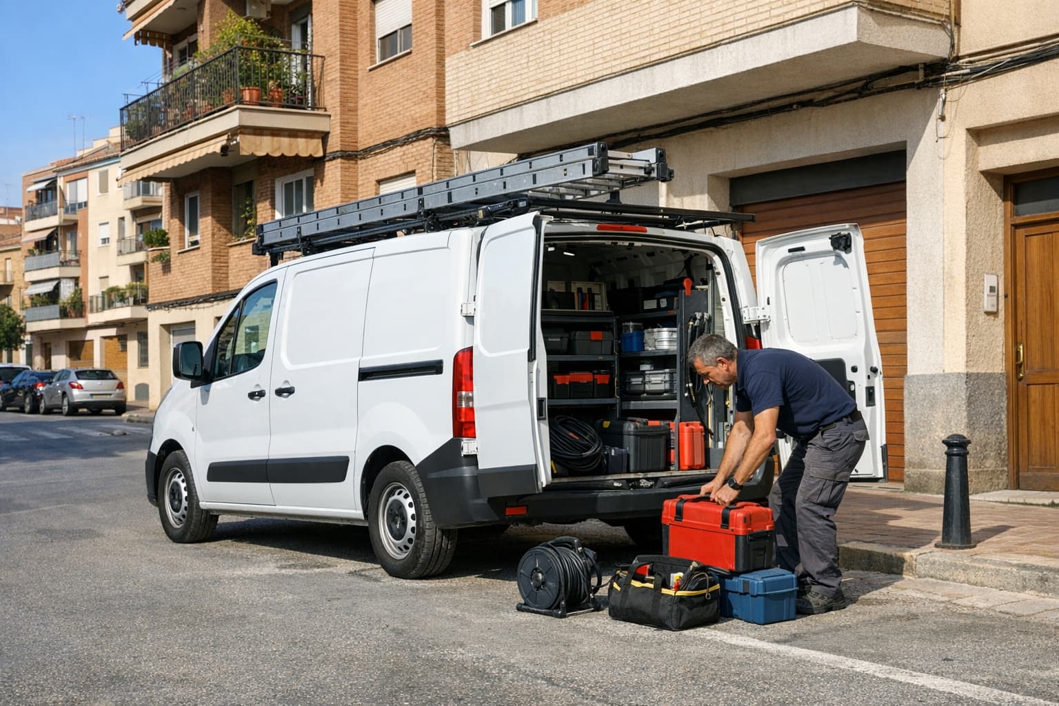Vehículo de servicio aparcado frente a edificio residencial